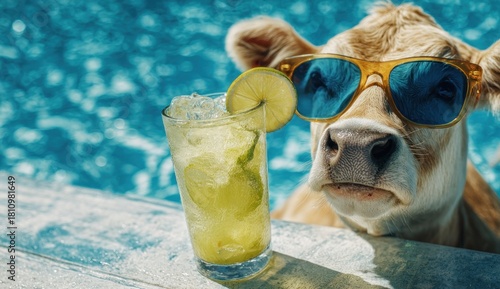 A cow with sunglasses and a cocktail by a swimming pool.