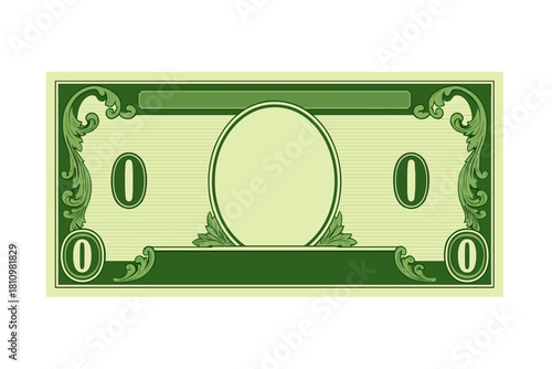 Blank zero dollar bill template with ornate green design and empty central oval frame