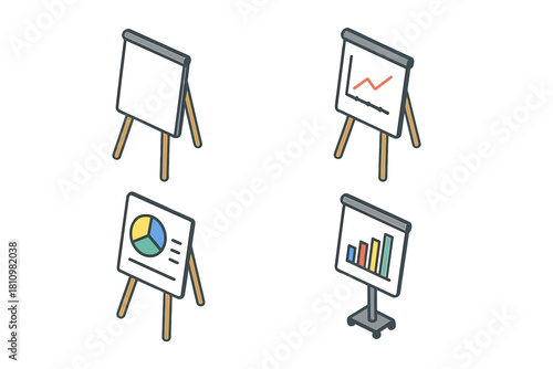 Isometric set of presentation boards displaying data charts, line graphs, pie charts, and bar graphs for business analysis