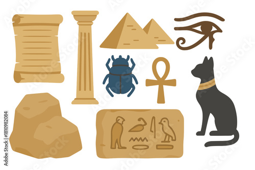 Ancient Egyptian symbols including pyramids, Eye of Horus, Ankh, scarab, and Bastet cat