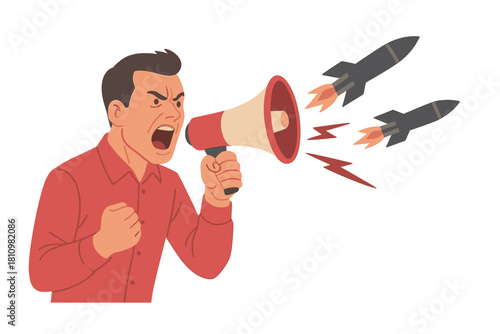 Angry man shouting into a megaphone launching missiles symbolizing aggressive war propaganda