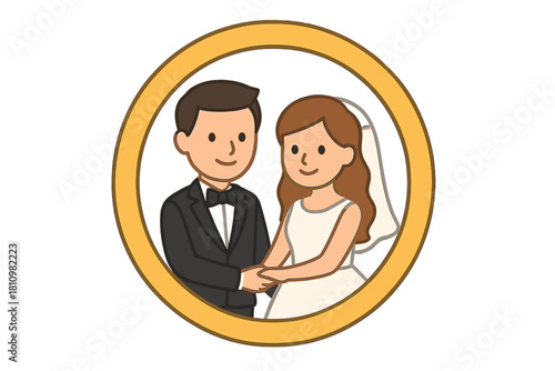 Happy bride and groom couple portrait inside a golden wedding ring frame emblem