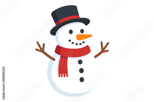 Cheerful snowman wearing a black top hat and red scarf isolated on white background
