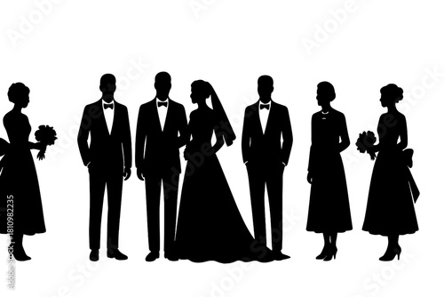 Elegant silhouettes of a wedding group featuring the bride, groom, and attendants in formal wear