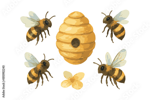 Flying honey bees surrounding a traditional woven skep beehive and a yellow flower