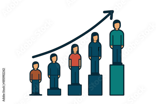 People standing on rising bar chart platforms symbolizing career growth and team progress