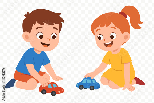 Happy children playing with colorful toy cars, a boy and a girl enjoying playtime activities