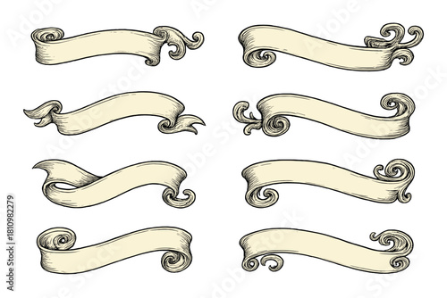 Eight vintage decorative ribbon banners with ornate scrolls and swirling ends