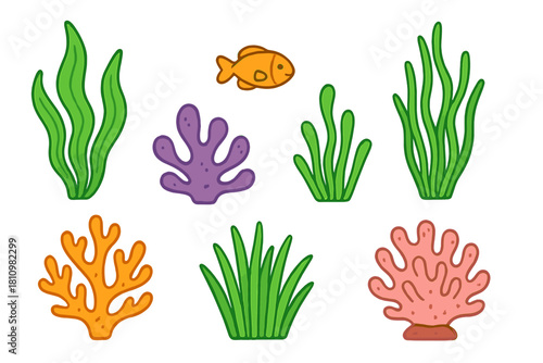 Colorful cartoon underwater scene elements featuring tropical fish, corals, and seaweeds
