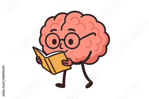 Smiling human brain character with eyeglasses reading a textbook for study