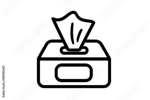 Outline drawing of a tissue dispenser box with one tissue pulled out for cleanliness