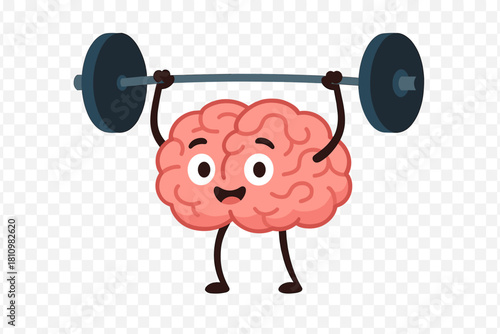 Cheerful pink brain mascot character performing weightlifting with a heavy barbell overhead