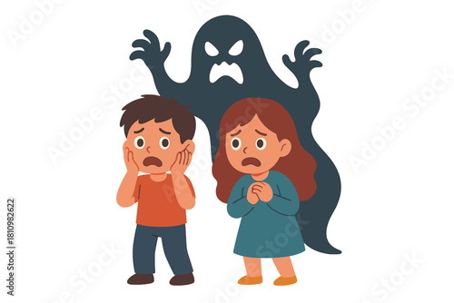 Frightened children reacting with panic to a scary dark ghost figure looming behind them
