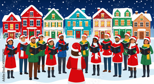 A diverse community choir singing Christmas carols on a snowy winter night in a festive village with colorful houses, a vector illustration