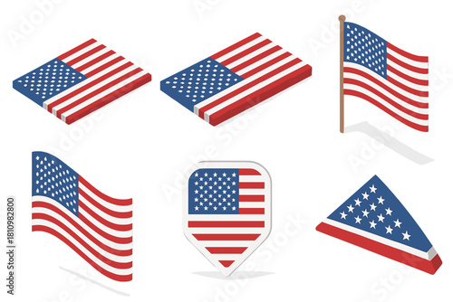 Diverse collection of American flag symbols including isometric blocks, waving banners, and map pins