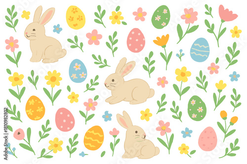 Seamless pattern with adorable rabbits, painted eggs, and blooming spring flowers