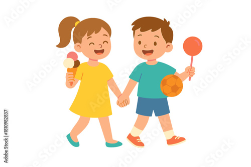 Joyful young boy and girl walking hand in hand while holding summer treats and a ball