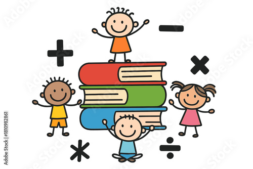 Cheerful students surrounding a pile of school books and basic mathematical operations