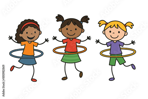 Group of diverse young children playing with hula hoops during physical activity time