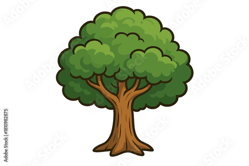 Stylized cartoon large deciduous tree with lush green foliage canopy and thick brown trunk