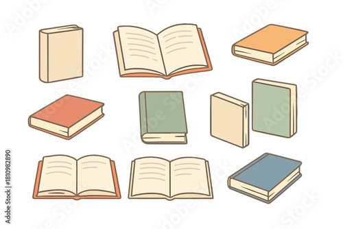 Set of various closed and open books representing education and literature