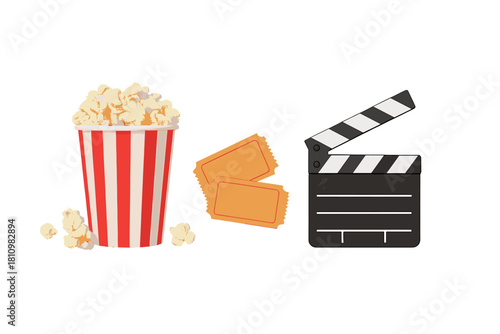 Classic cinema elements including striped popcorn container, blank tickets, and film clapperboard