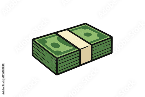 Stack of green paper currency banknotes tied with a band symbolizing wealth