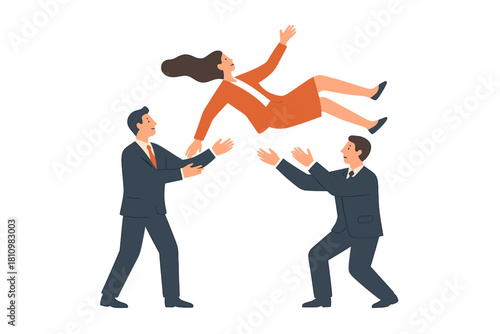 Businesswoman performing trust fall supported by colleagues symbolizing corporate teamwork and reliability