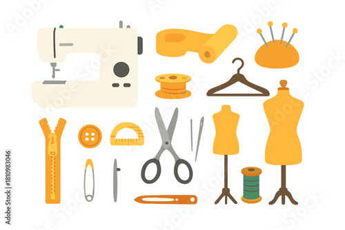 Collection of tailoring and sewing supplies including machine, scissors, thread, spools, and mannequins