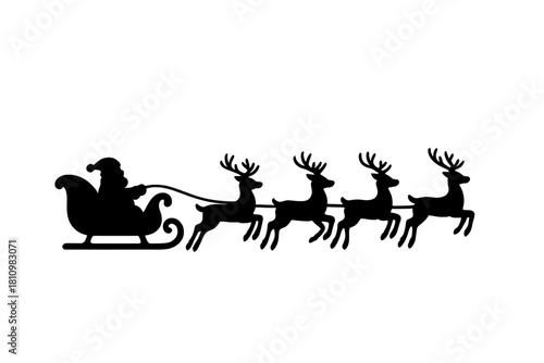 Classic Santa Claus and reindeer sleigh silhouette flying across the sky