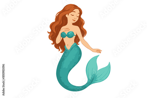 Graceful mythological mermaid with long wavy red hair and textured turquoise tail