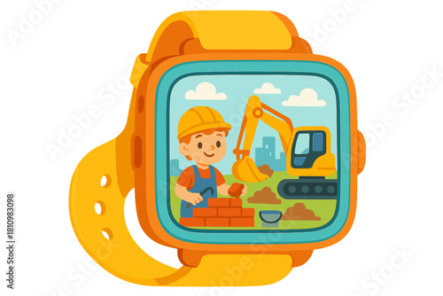 Smartwatch screen showing a young construction worker building a brick wall next to a yellow excavator