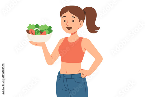 Young woman holding a fresh green salad bowl promoting healthy eating and dieting