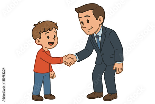 Smiling adult man in business attire shaking hands with a cheerful little boy