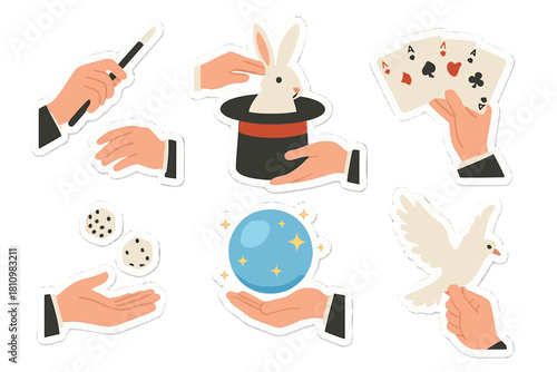 Hands holding magic props including wand, rabbit in hat, playing cards, crystal ball, and dove