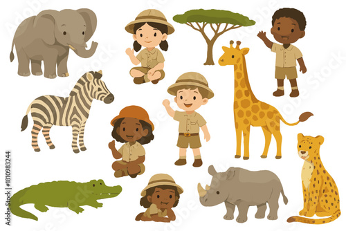 Adorable diverse children explorers and African safari animals including elephant giraffe zebra