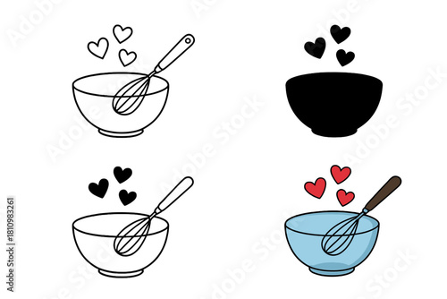 Mixing bowl and whisk set with hearts for baking and cooking concepts