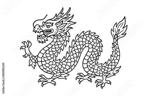 Detailed black and white outline of a traditional Chinese mythological dragon creature