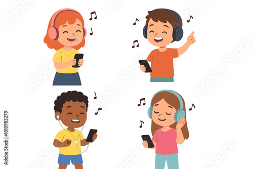 Diverse group of happy children listening to music with headphones and mobile phones