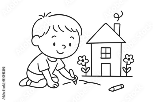 Happy little child drawing a simple house with flowers and a crayon on the ground
