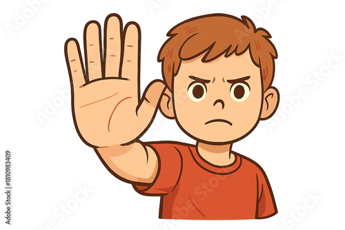 Young boy with serious expression raising hand in clear stop gesture for prohibition