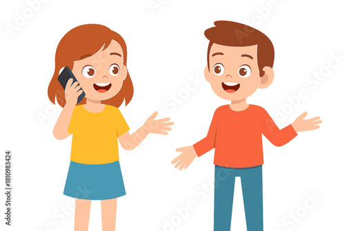 Happy young girl talking on a mobile phone next to a smiling boy gesturing