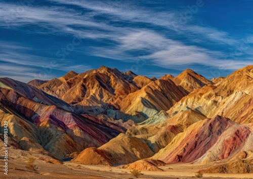 Colorful mountain ranges under a vibrant sky.