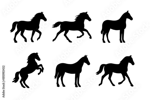Collection of six black horse silhouettes in various dynamic poses and gaits