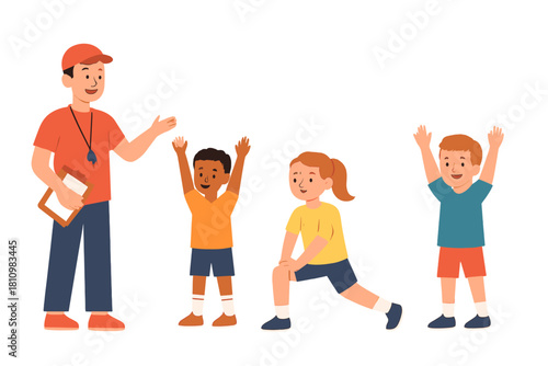 Physical education teacher leading diverse children in warm-up exercises and stretching routines