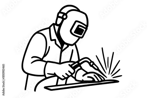 Welder in protective gear performing metal joining work with arc and sparks