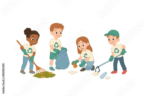 Diverse group of children volunteering for environmental cleanup and recycling activities