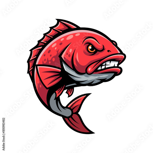 A cartoon mascot illustration featuring an angry red snapper fish with a fierce expression and sharp teeth, set against a dark background. The graphic design is suitable for sports teams or emblems