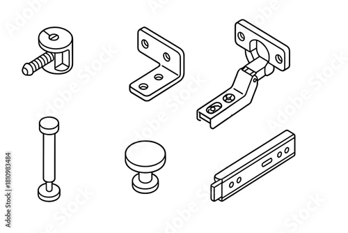 Collection of isometric furniture hardware components hinges screws connectors