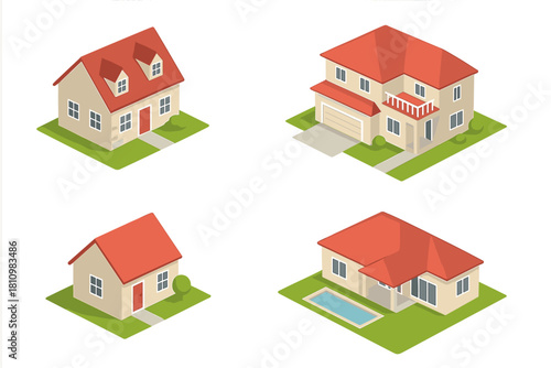 Set of four isometric architectural designs for suburban residential homes